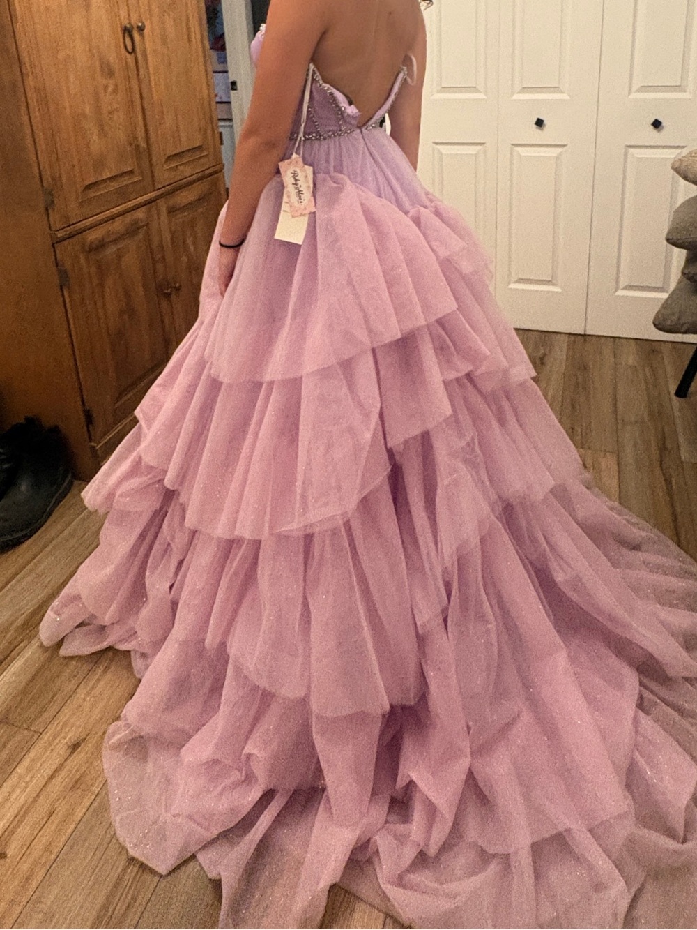 Lavender Tiered Tulle Prom Dress with Beaded Corset - Picture 3 of 5